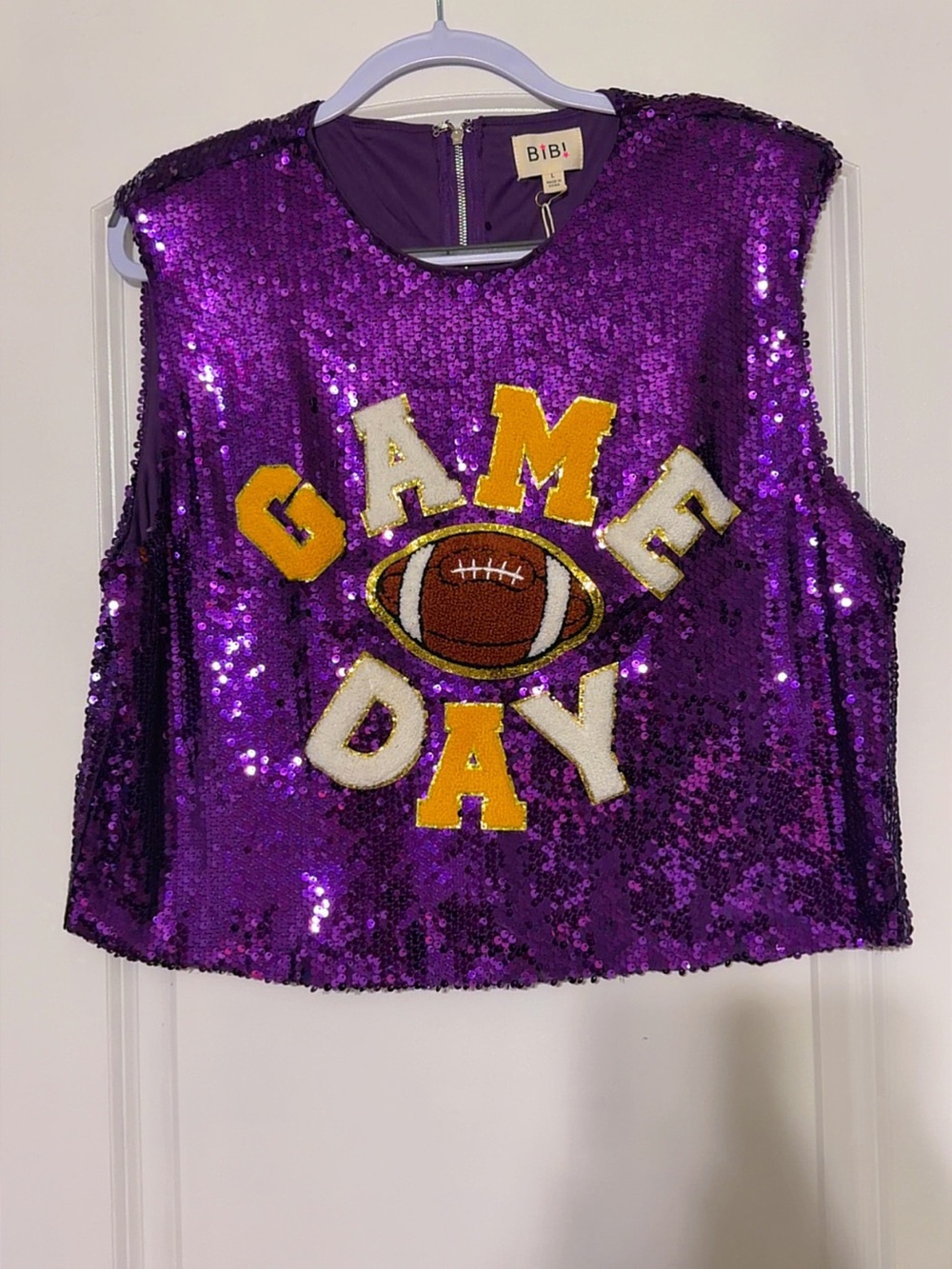 BiBi Purple Sequin GAME DAY Appliqué Tank with Yellow & White Accents